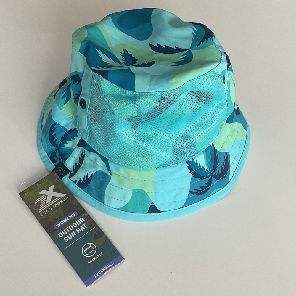 ZeroXposur Women's Outdoor Teal Aqua Palm-Print Sun Hat UV Protection NWT